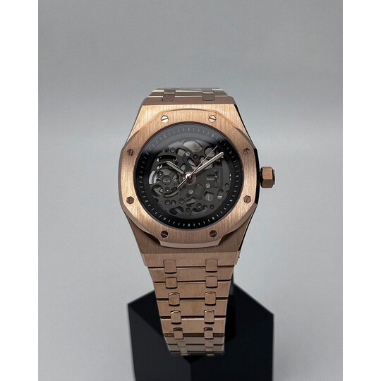 Custom Seiko Mod •Black Skeleton Rose Gold AP • 42mm
